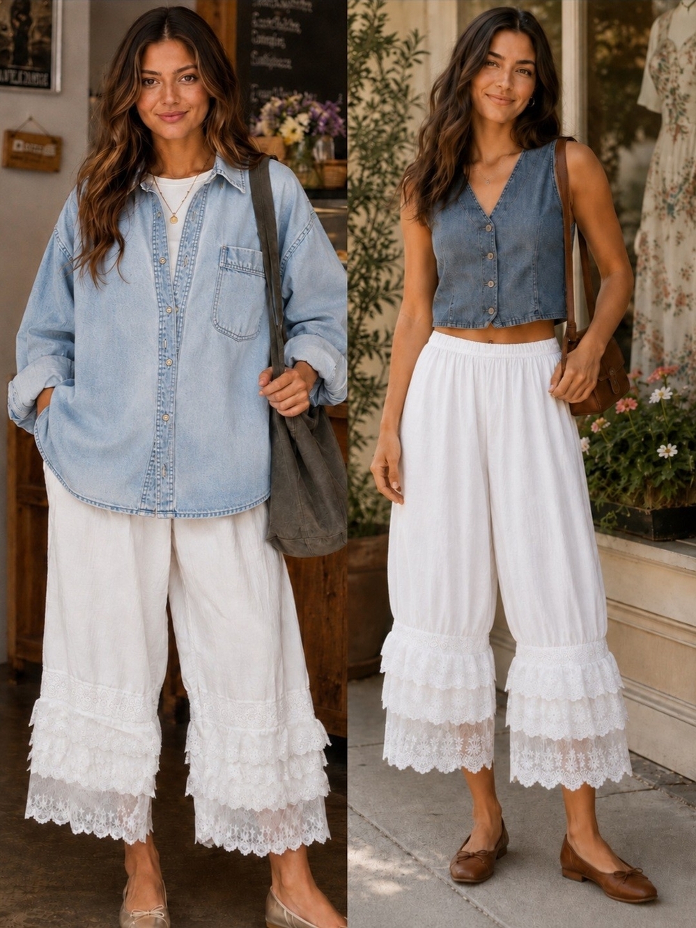 White Lace Ruffle Bloomer Pants Size 5 Cottagecore Boho Cropped - Picture 2 of 9